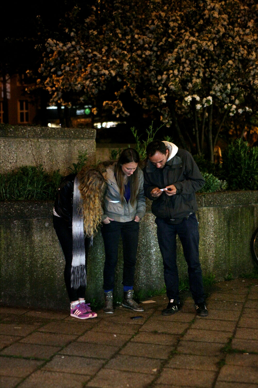 LocalNonOffline — three visitors by the planter, bent over one phone